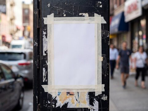 mockup pole poster flyer blank white paper urban street design on black metal pole with masking tape frame for local advertising announcement layout music poster and promotion presentation