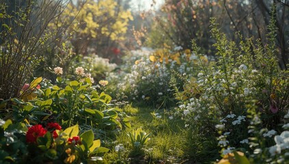 Obraz premium Bright spring nature setting with flourishing plants and fresh blooms
