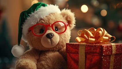 Fototapeta premium Adorable teddy bear wearing red glasses and a Christmas hat beside a festive gift box