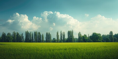 Fototapeta premium Bright summer green field with tall tree silhouettes and soft white clouds above