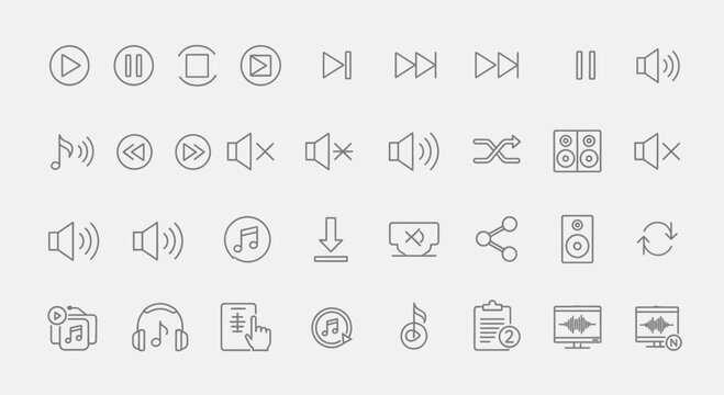 Set of Minimalist Multimedia and Audio Player Line Icons