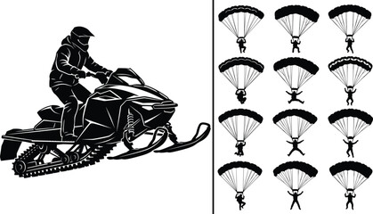 Snowmobile Rider and Skydiving Parachute Silhouette Collection Vector Illustration for Winter Sports and Adventure Activities © MDMAHMUDUL