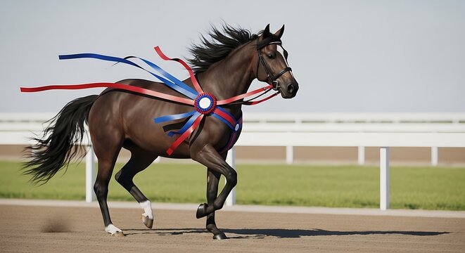 A champion brown horse running on a racetrack with a winner rosette