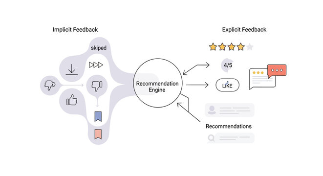 Recommendation Engine Infographic Illustrating Implicit and Explicit User Feedback for Machine Learning and AI Personalization