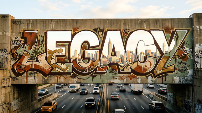 Legacy graffiti mural with new york city skyline background urban art and highway transportation