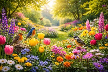 Spring flowers in vivid colors adorn a green garden while cute birds chirp happily