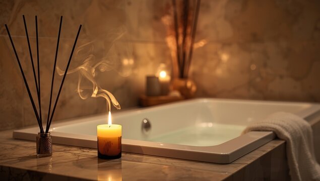 Calming spa atmosphere with incense sticks and candle glowing near bathtub
