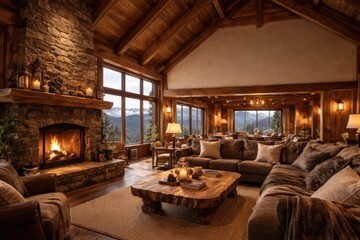 Fototapeta premium Detailed wooden mountain lodge interior with large copy space for text