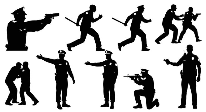 Police Officer Silhouettes Set in Various Action Poses