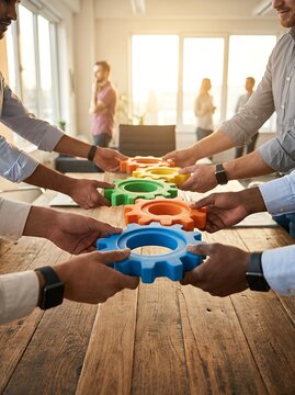People holding colorful gears symbolizing teamwork and unity in an office setting.