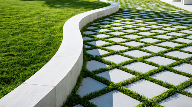 Modern landscape design with a curving concrete retaining wall, lush green lawn and interlocking stone pavers with grass sprouting through gaps for contrast and texture