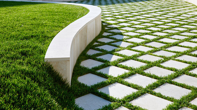 Modern garden design featuring a stylish pattern paver walk with fresh green grass interspaces, bordered by a curving stone wall, creating a contemporary and well maintained outdoor landscape