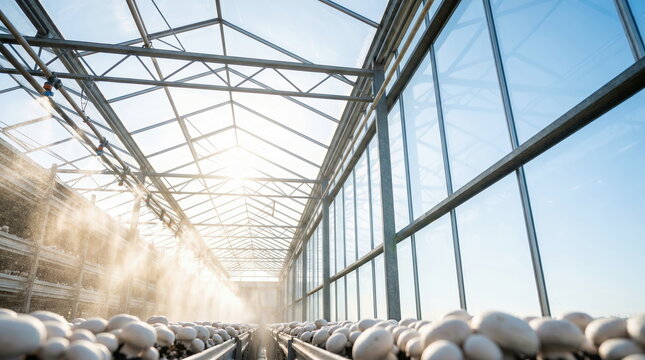 Mushrooms growing in rows with misting system inside modern greenhouse, showcasing controlled environment agriculture.