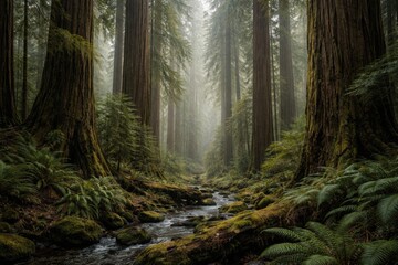 Obraz premium Old growth redwood forest thriving under moist coastal climate