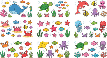 Cute Kawaii Sea Life Vector Illustration Bundle with Smiling Whale Turtle Octopus Dolphin Starfish and Crab Icons for Children Marine Graphic Designs © Roymohan