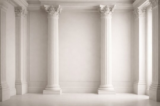 White plaster columns and pilasters standing before a minimal gypsum background