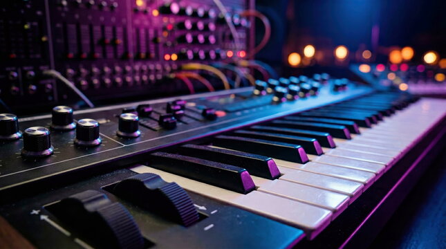 Synthesizer keyboard and control panel, electronic music production equipment in vibrant studio setting with bokeh, modern audio composition.