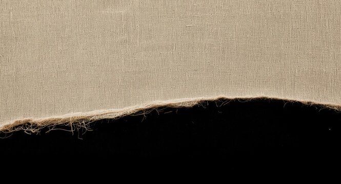 Beige torn fabric texture with loose threads on black backdrop