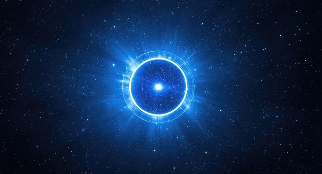 Blue energy shield surrounded by stars depicting cosmic travel through a wormhole in space-time continuum background