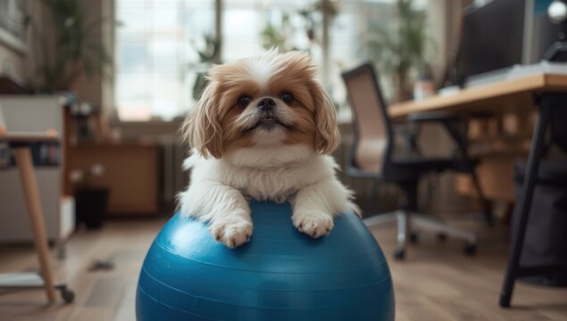 Havanese Dog Relaxing on Stability Ball Modern Workspace Interior, Warm Lighting