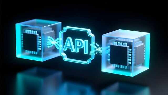 API software interface concept, glowing digital connection between microchips, futuristic application programming interface technology on dark background