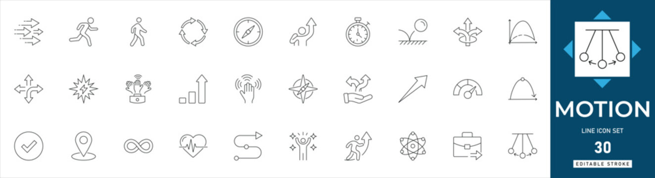 Motion line icon set featuring animation, video, movement, physics, speed, direction, graphics. Professional editable vector illustration for video apps and UI UX design.