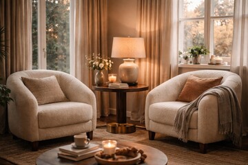 Fototapeta premium snug living room setup with comfy armchairs and a chic side table