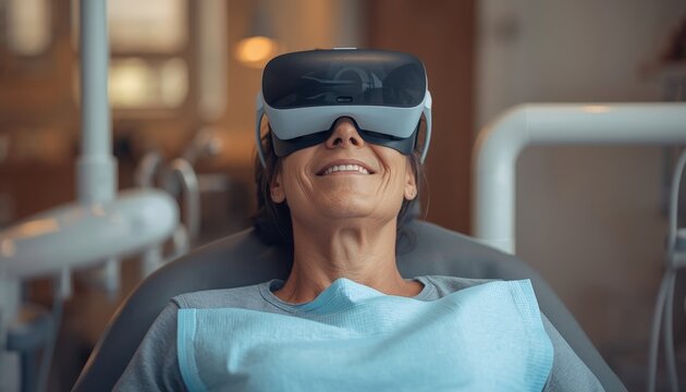 There is a woman sitting in a dentist chair wearing a virtual reality headset