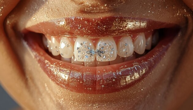 There is a close up of a woman ' s mouth with glitter on her teeth