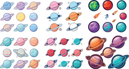 Cute Kawaii Solar System Planet Vector Icon Set with Saturn, Earth, Rocket, Astronaut, and Colorful Space Galaxy Elements for Children Education Designs © Roymohan