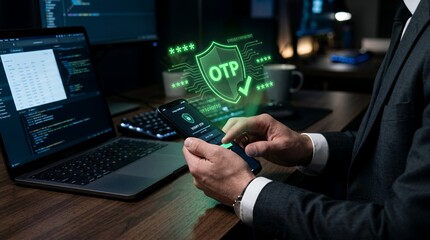 Fototapeta premium Businessman using two factor authentication with OTP on smartphone