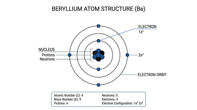 Beryllium atom structure diagram with electron configuration.