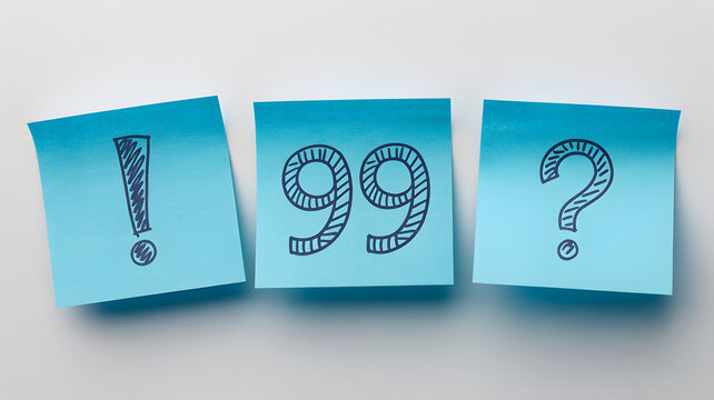 Three light blue sticky notes with exclamation point 99 and question mark on white background