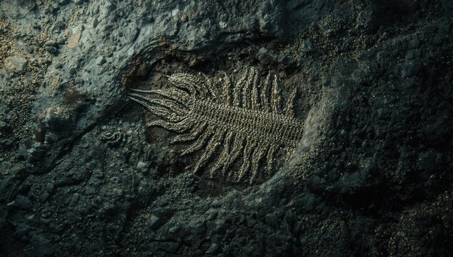 Ancient aquatic life shown as an impression in rocky matrix