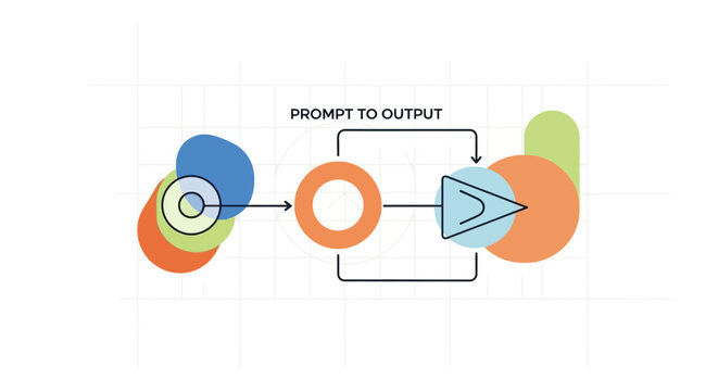 Abstract Vector Illustration of AI Workflow: Prompt to Output Process Diagram with Geometric Shapes and Grid Background