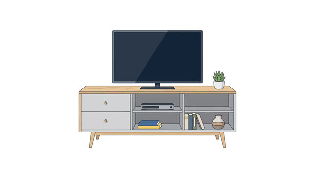 Modern TV stand with television and decor.
