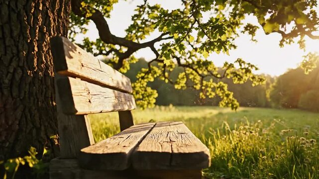 A wooden bench sits under a tree in a serene green field at sunrise.