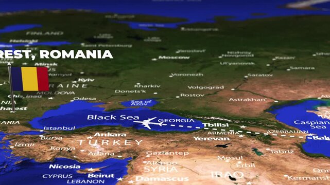 Flight From Ashgabat Turkmenistan to Bucharest ROMANIA with flag pins