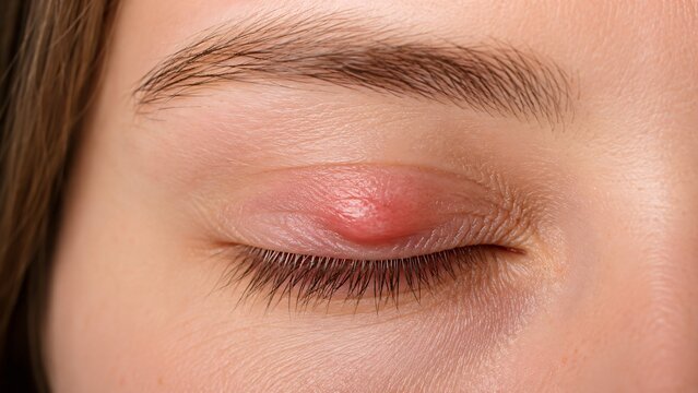 High-resolution 4K macro image showcasing a distinct, red inflammatory lump or cyst on a closed female upper eyelid, illustrating a typical case of a chalazion or stye.