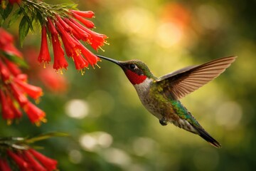 Fototapeta premium Side view of hummingbird hovering by a red tubular flower
