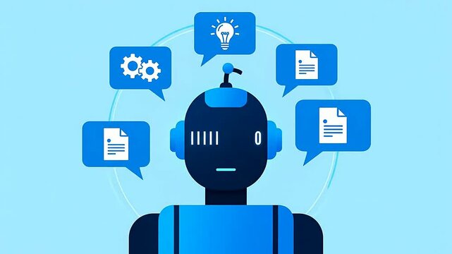Animated robot thinking surrounded by floating data icons on light blue background or Artificial intelligence chatbot processes information with document and settings icons displayed