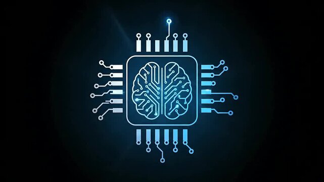 Artificial intelligence brain circuit animation on black background or Digital brain integrated circuit diagram animation on dark background