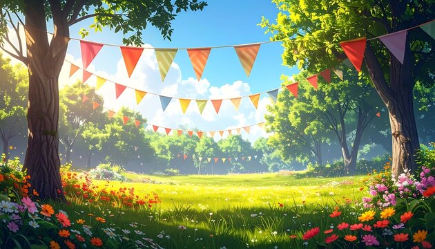 Colorful outdoor party celebration scene.