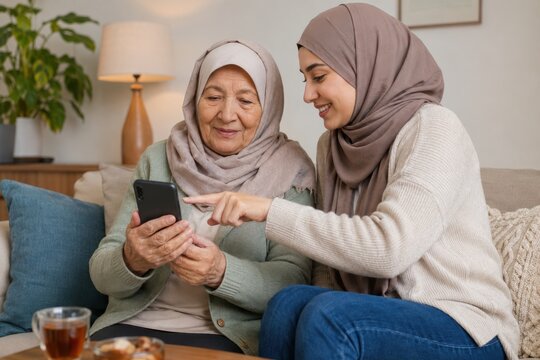 young muslim woman helping an older relative use a smartphone for video calling at home, digital inclusion, senior technology learning and patient family support