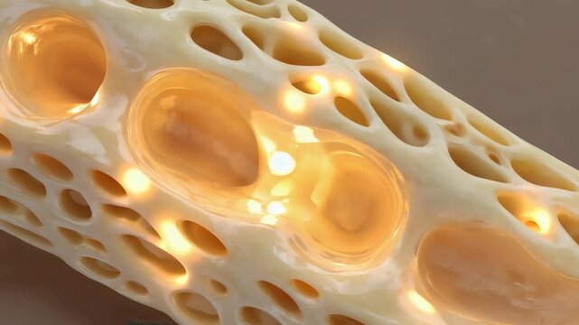 Bone interior macro, porous structure detailed,
calcium particles glowing softly as they integrate into bone matrix
