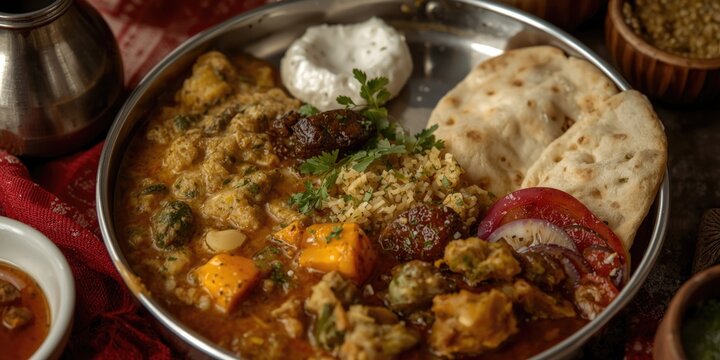 Authentic Maharashtrian Thali with Kadhi, Modak, and Vegetable Curry Close-Up, Rich Colors, Traditional Setting