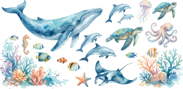 Watercolor Sea Animals Underwater Vector Illustration