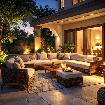 Cozy outdoor patio furniture at dusk.