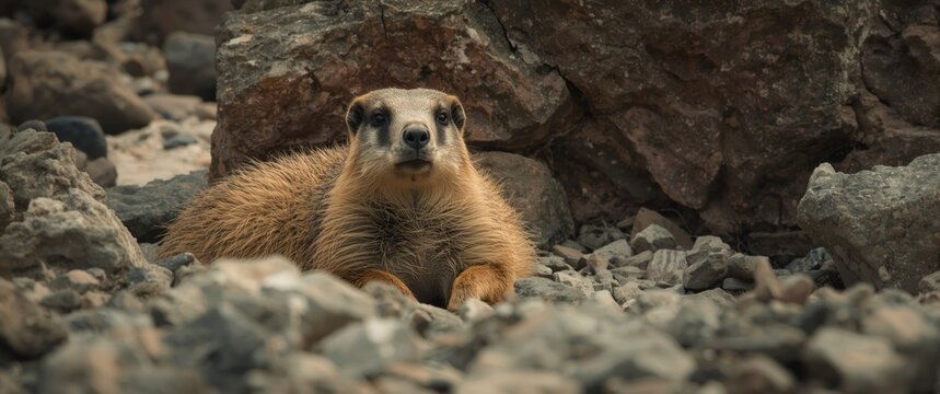 Rock Hyrax Resting Among Stones Close-Up, Natural Habitat, Earthy Tones