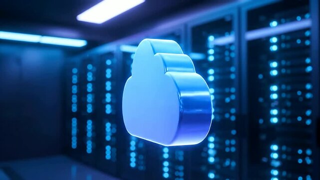 Cloud computing symbol rotates in server room or blue data cloud hovering in server farm